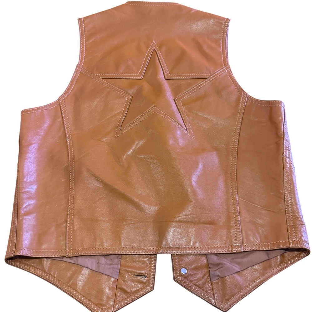Vintage 1970s Leather Star Applique Vest Brown Western Biker Rock n Roll Mens M